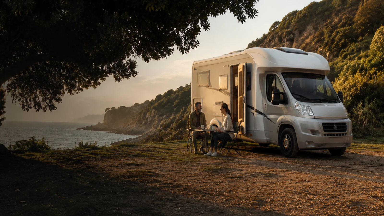 Wohnmobilstellplatz an einer grünen Küste direkt am Meer