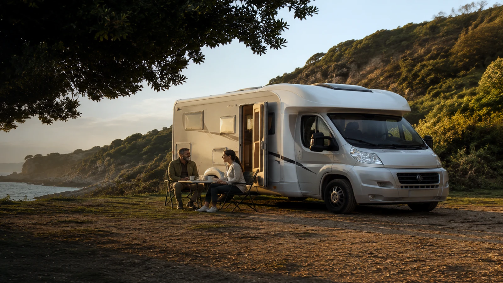 Mittelgroßes Wohnmobil in einer grünen Natur- und Berglandschaft