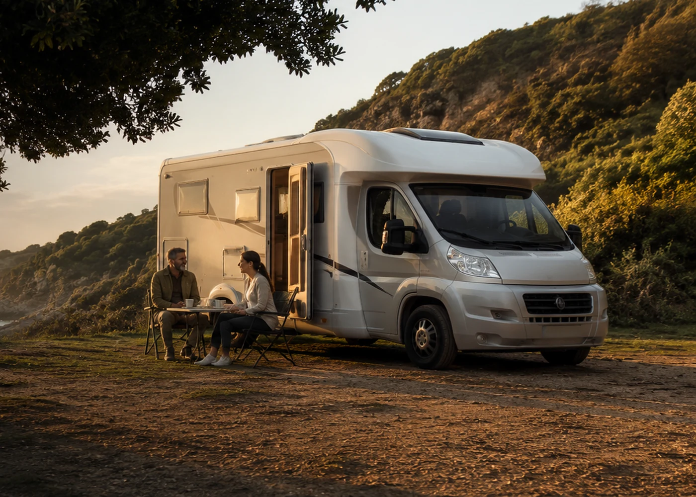 Mittelgroßes Wohnmobil als Beispiel für Reisevorbereitung, Versorgung und Vignette