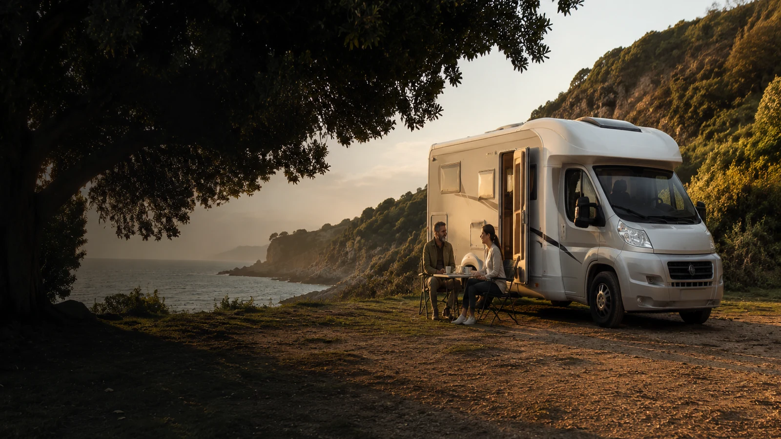 Wohnmobil und Campingausstattung an einem Küstenstellplatz